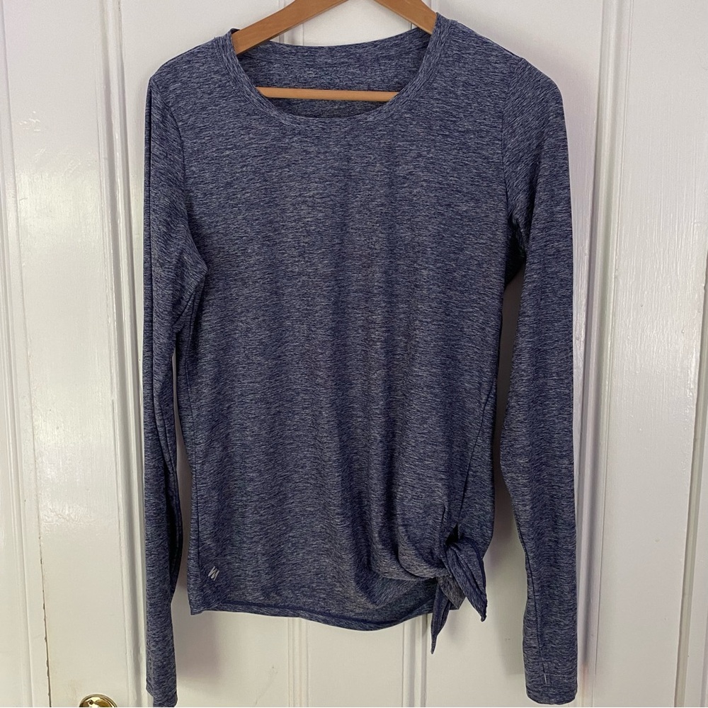 Nicole Miller Active Womens L Blue Top Long Sleeve knot @ Hip Workout Athleisure